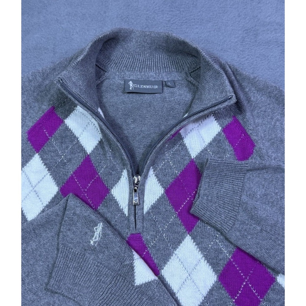 Glenmuir Sweater Mens L Argyle Golf 1/4 Zip Pullover Cashmere Cotton Athleisure